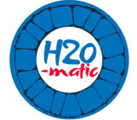 A logo featuring a blue circular design with a white center. In the center, the text "H2O-matic" is written, with "H2O" in blue and "-matic" in red. The blue circle resembles a gear or wheel.