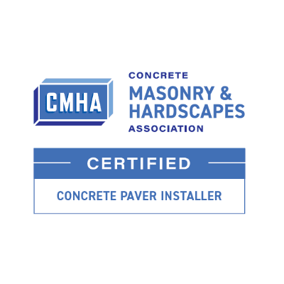 CMHA logo with text: "CONCRETE MASONRY & HARDSCAPES ASSOCIATION CERTIFIED CONCRETE PAVER INSTALLER," in blue and white.