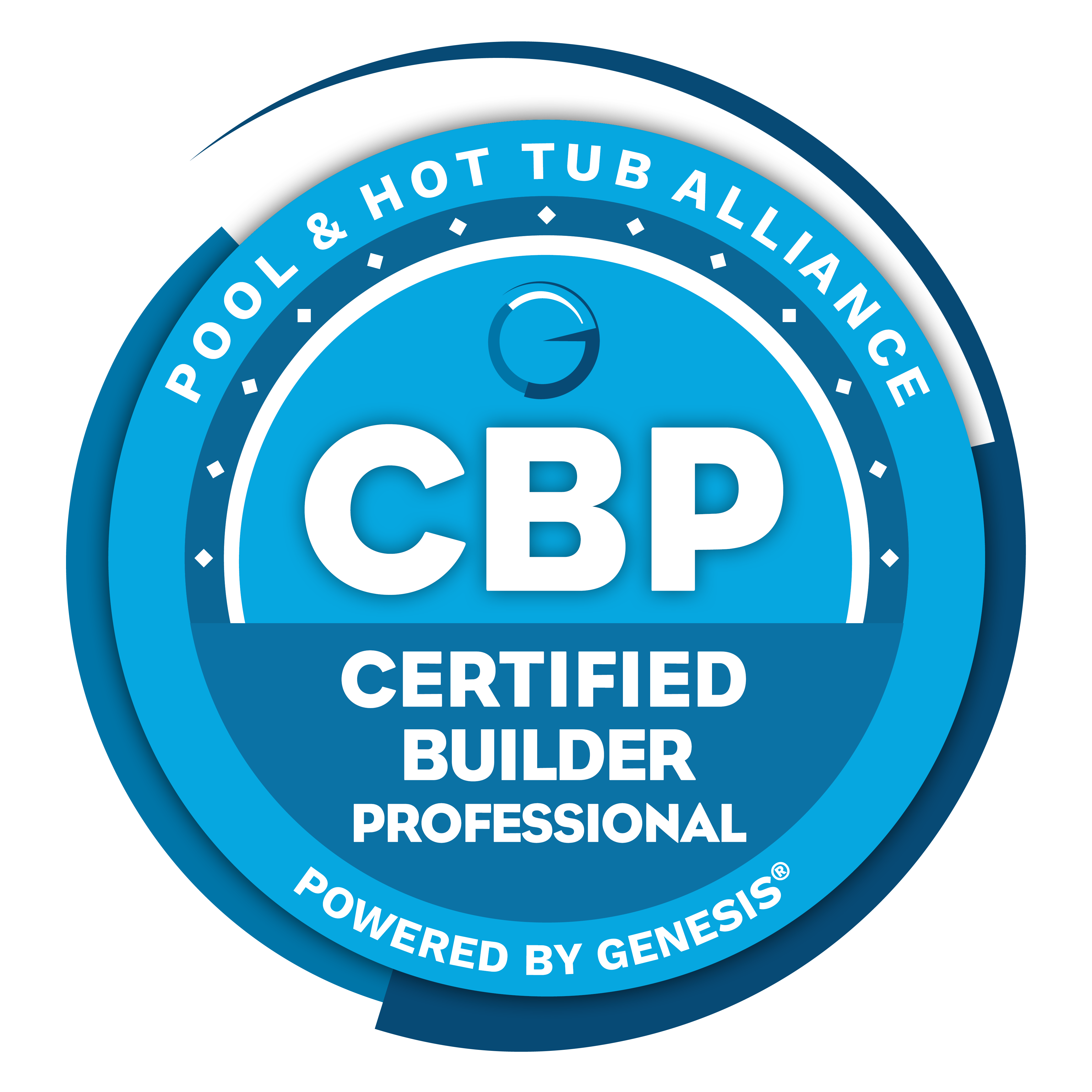 A blue and white circular badge with the text "Pool & Hot Tub Alliance" around the top edge. In the center, it reads "CBP Certified Builder Professional" and at the bottom, "Powered by Genesis®".