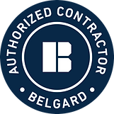 A circular blue emblem with a white border reads "Authorized Contractor" at the top and "Belgard" at the bottom. A stylized white "B" icon is in the center.