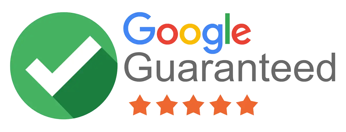 Green checkmark icon next to the text "Google Guaranteed" with five orange stars below, highlighting a trusted pool builder service backed by Google’s quality assurance.